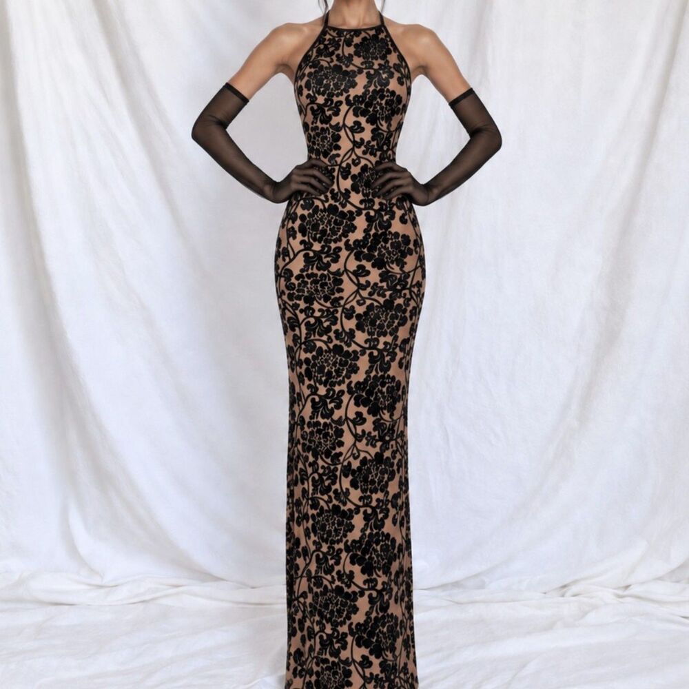 Vintage Brown Black Semi Sheer Knit Bodycon Maxi Cocktail Formal Dress Size XS/S